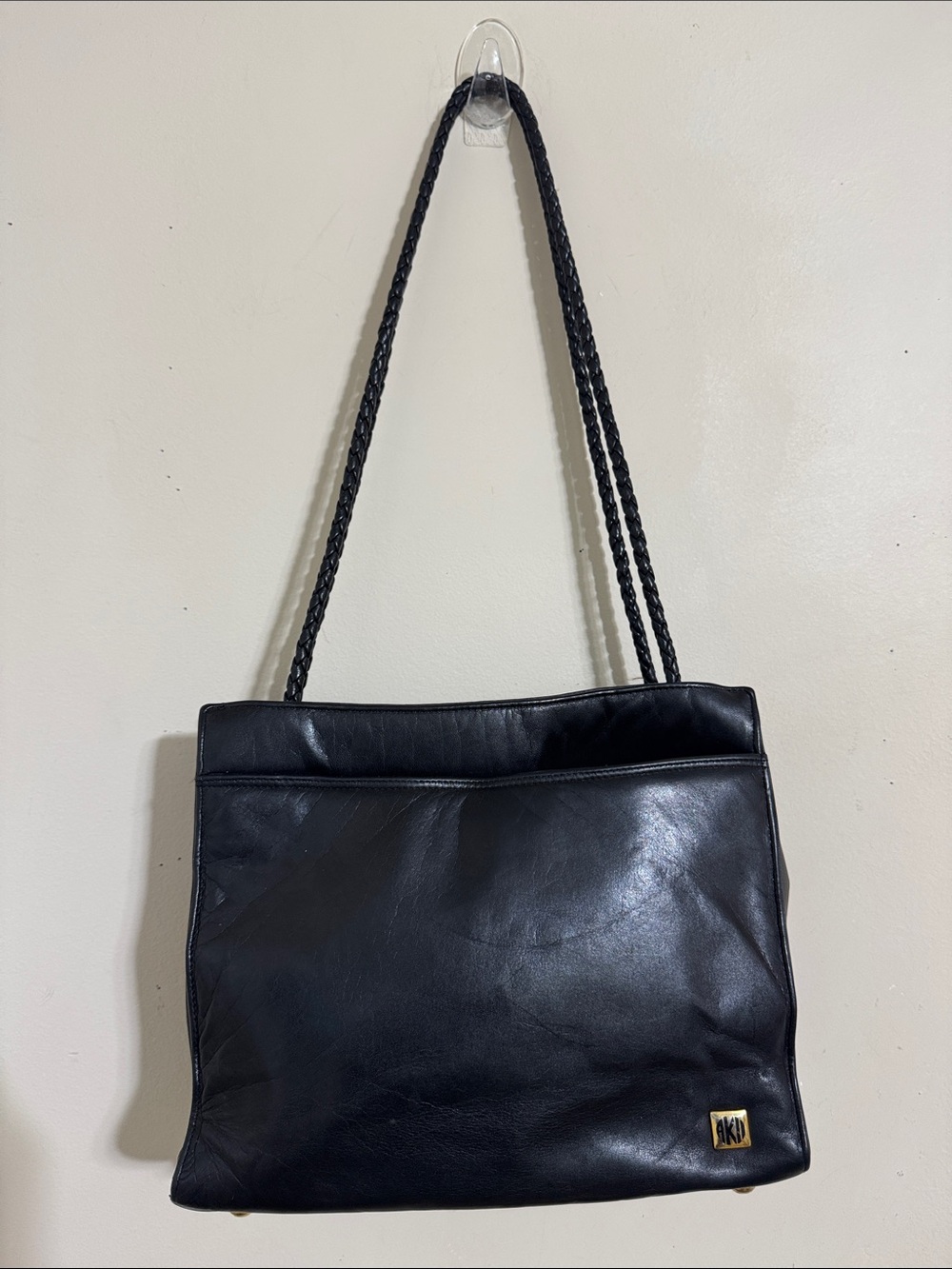 VTG Anne Klein Classic Black Leather Shoulder Bag Braided Double Strap Cottage